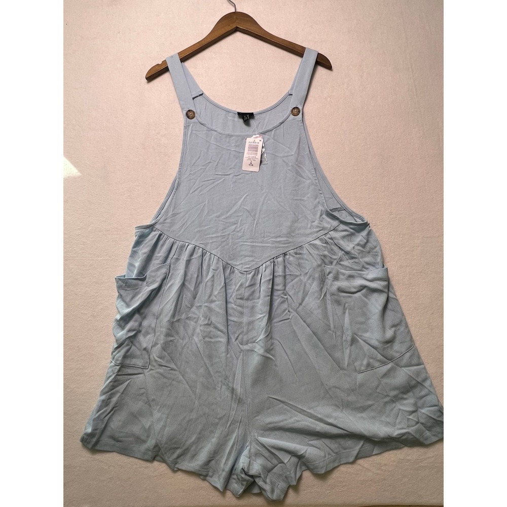NWT! Torrid 2 Short Romper Boho Light Blue Sleeveless Pockets Overall Cottage